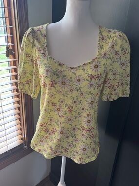 Cato Yellow Floral Puff Sleeve Blouse Cottagecore Daisy Smocked Top S